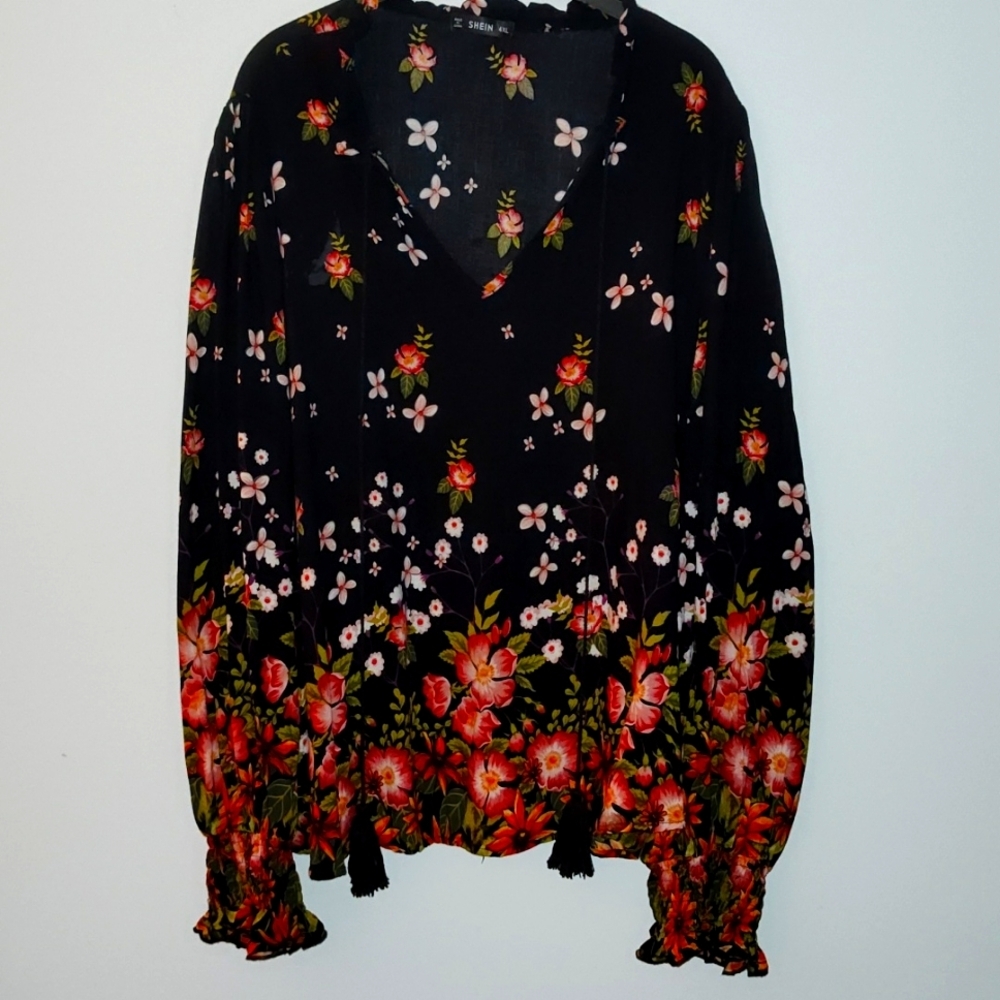 Poet Peasant Blouse Size 4X Black Floral Long Sleeve Fall Winter Feminine Dainty